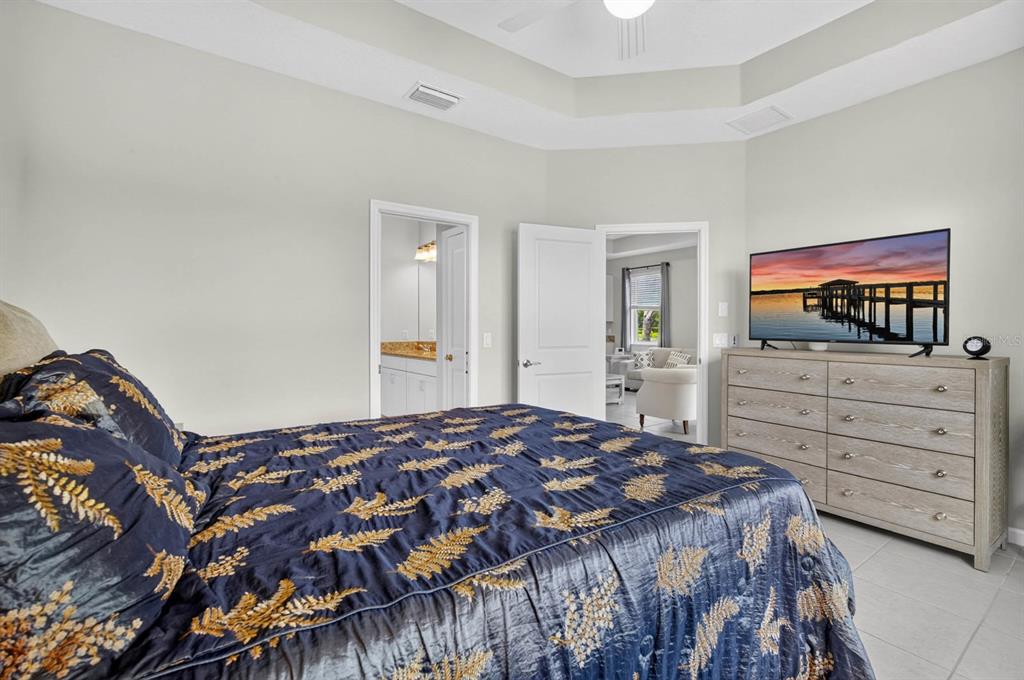 A bedroom features a tray ceiling, a dark blue patterned bedspread, and a wooden dresser — 497 LOST SHAKER WAY, DAYTONA BEACH, FL