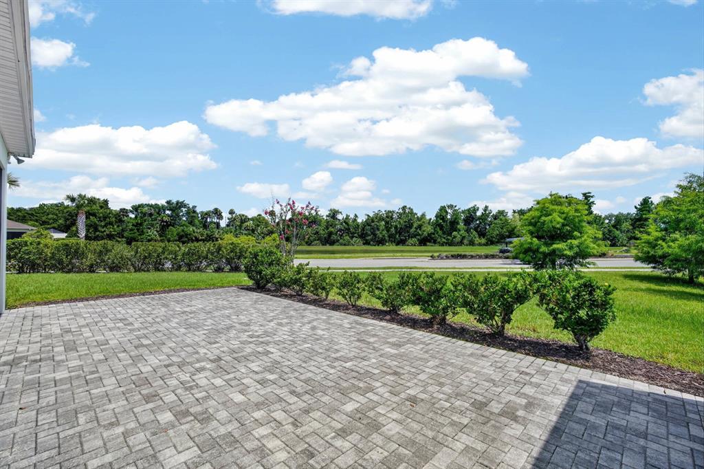 A paved patio overlooks a grassy lawn, a row of shrubs, and a distant tree line — 497 LOST SHAKER WAY, DAYTONA BEACH, FL