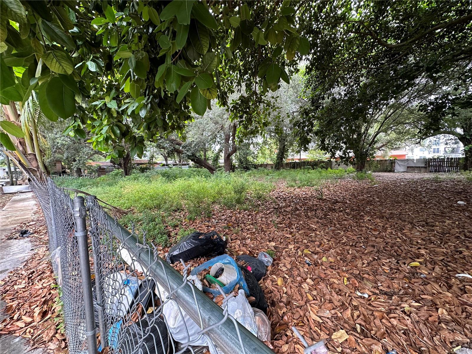 A chain-link fence borders a vacant, leaf-covered lot with scattered trash and mature trees — 555 NE 147th St, Miami FL 33161, MIAMI, FL