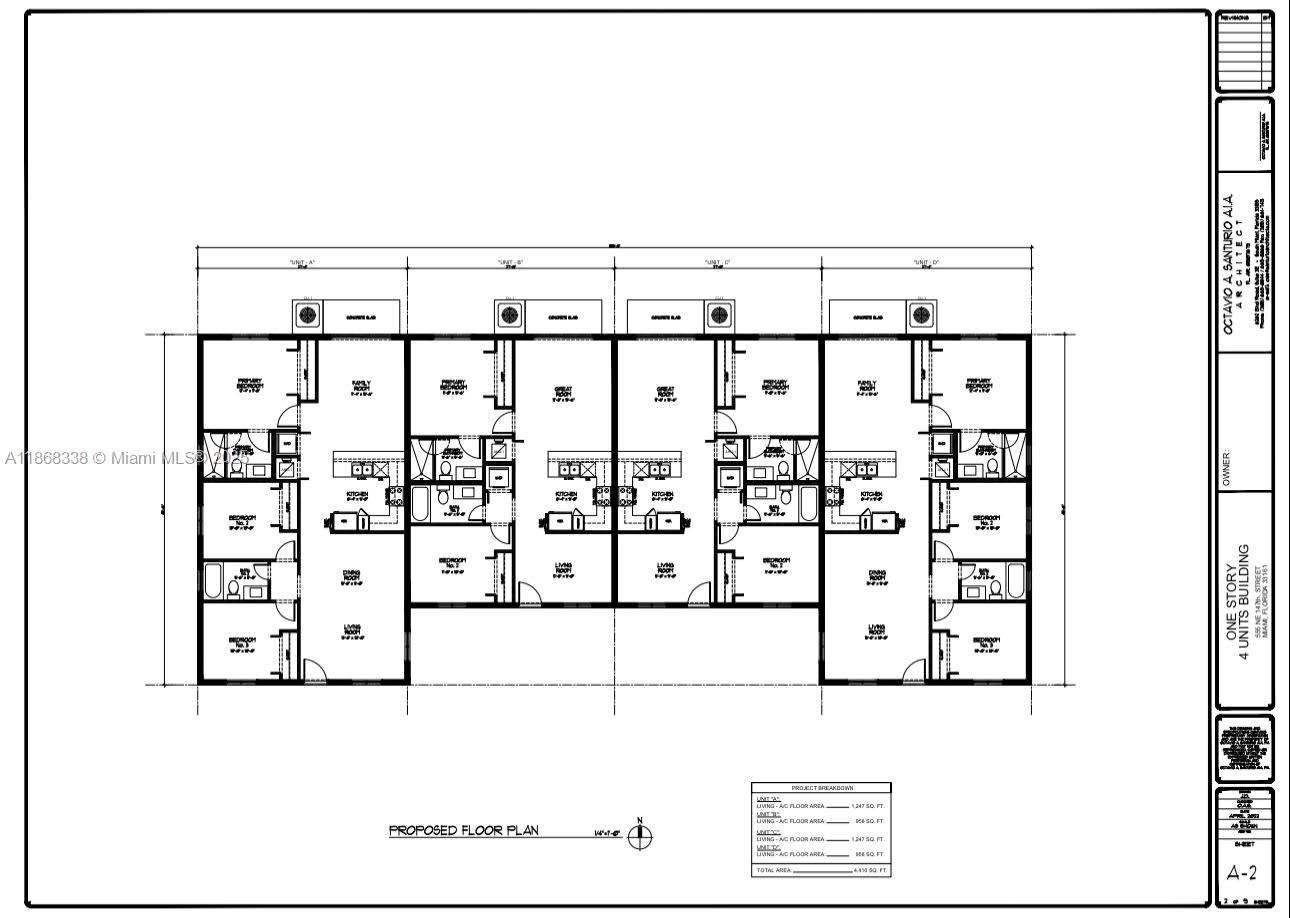 This is a floor plan for a one-story building containing four residential units — 555 NE 147th St, Miami FL 33161, MIAMI, FL