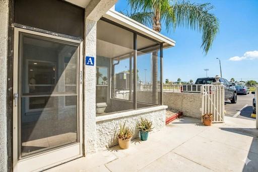 A screened-in porch entrance with a glass door and two potted plants on the patio — 337 REX PLACE UNIT A, MADEIRA BEACH, FL