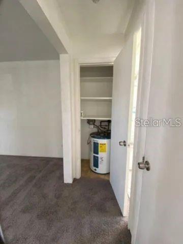 A closet with shelving contains a white water heater in a room with gray carpeting — 4018 6TH STREET S UNIT 10, ST PETERSBURG, FL