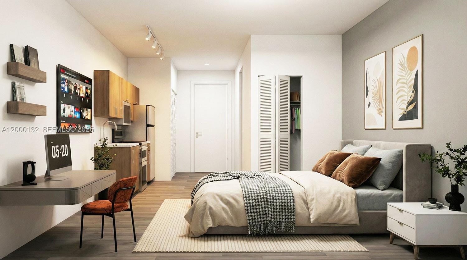 This is a rendering of a studio apartment featuring a kitchen, desk, and bed — 315 NW 27th Ave # 406, Miami FL 33125, MIAMI, FL