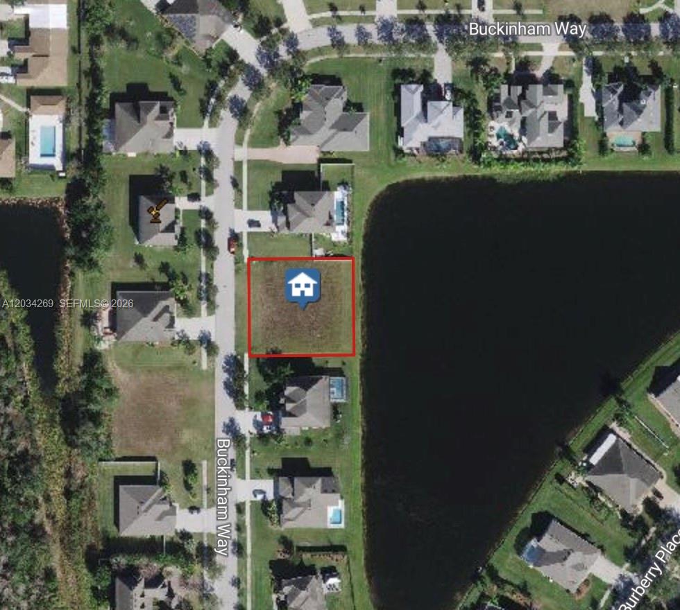 This aerial map shows a vacant residential lot situated along a lake — 0 Buckingham Way, Saint Cloud FL 34772, SAINT CLOUD, FL