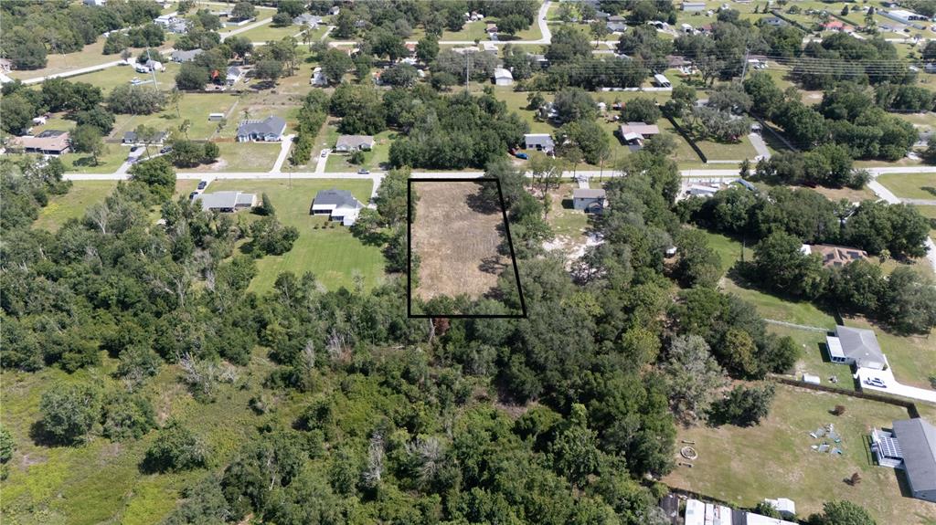 An aerial view shows a rectangular vacant lot outlined in black surrounded by trees — 0 HEDGEROW DRIVE, WESLEY CHAPEL, FL