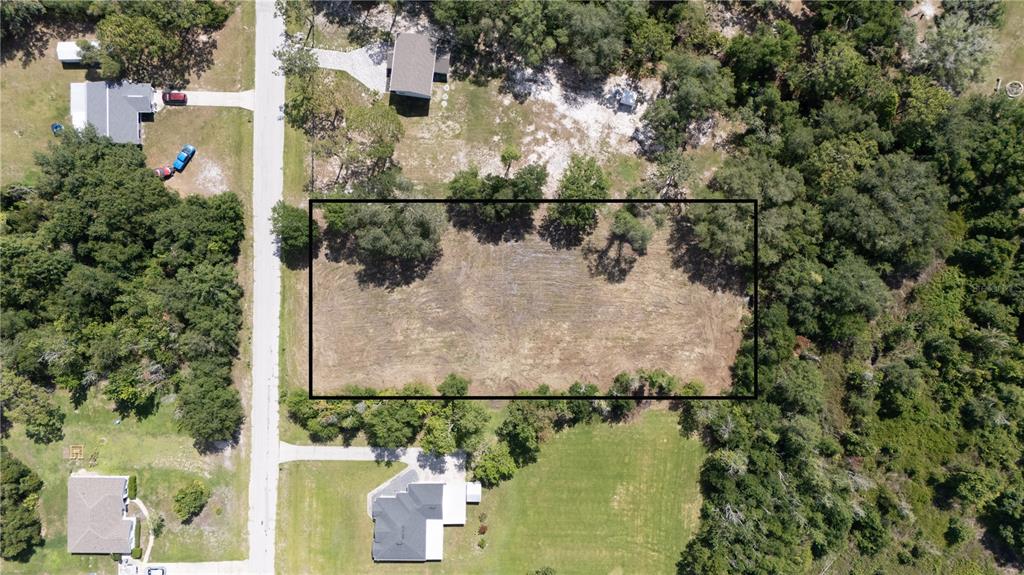 An aerial view shows a rectangular, cleared vacant lot bordered by trees and a road — 0 HEDGEROW DRIVE, WESLEY CHAPEL, FL