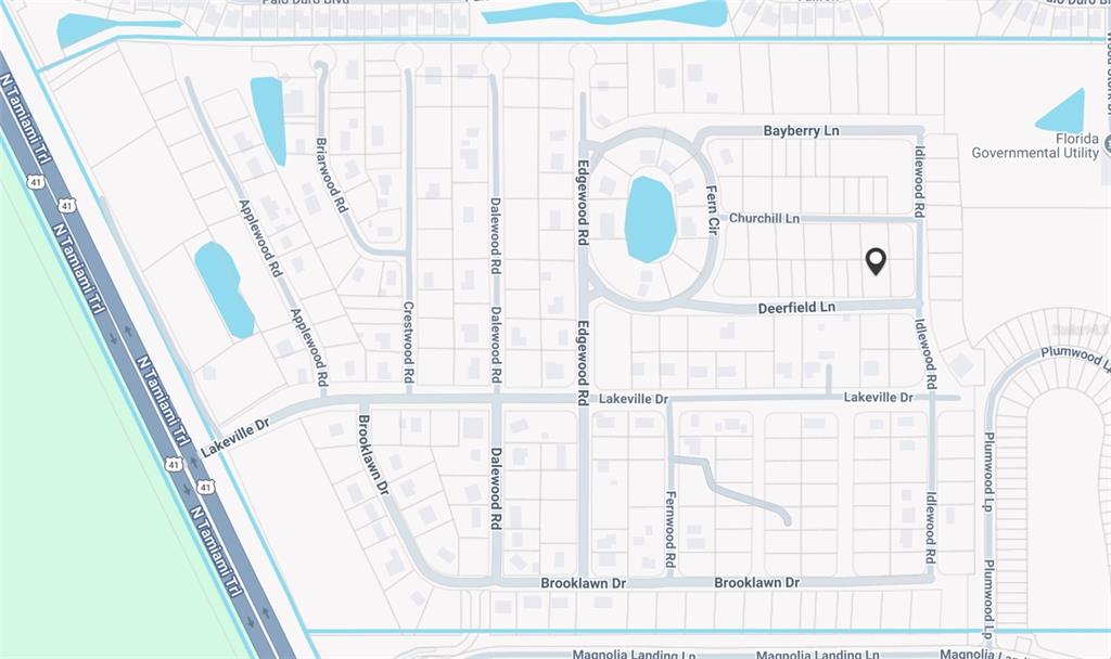 This is a map showing residential streets and a location marker in a neighborhood — 2367 DEERFIELD LANE, NORTH FORT MYERS, FL