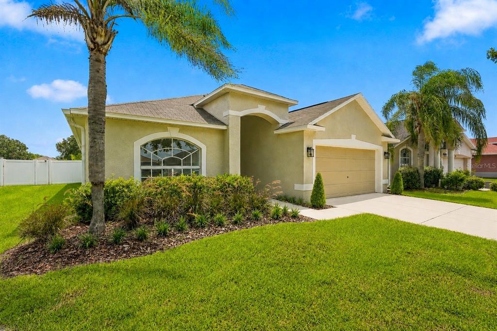 A single-story house with a beige stucco exterior, a two-car garage, and a palm tree — 31251 BACLAN DRIVE, WESLEY CHAPEL, FL