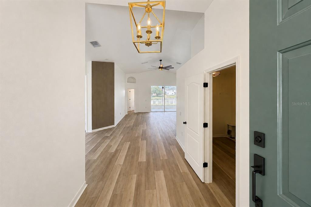 An entryway leads into a living area with wood-look flooring and a gold geometric chandelier — 31251 BACLAN DRIVE, WESLEY CHAPEL, FL