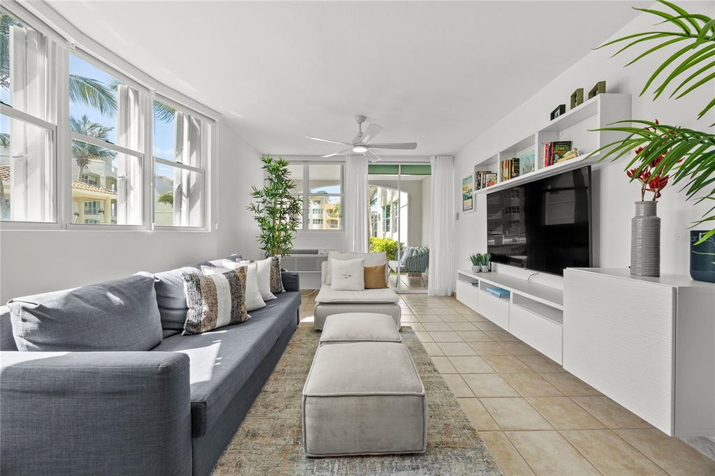A living room features a gray sofa, a wall-mounted television, and a large potted plant — Haudimar Beach Apartments 400 4466 ROAD UNIT H102, ISABELA, PR