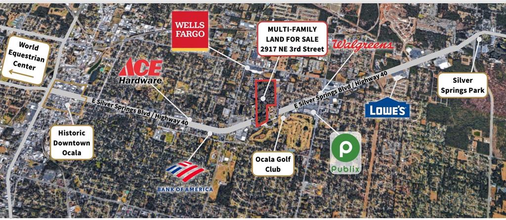 This aerial map shows a plot of land for sale surrounded by various local businesses — 2917 NE 3RD STREET, OCALA, FL