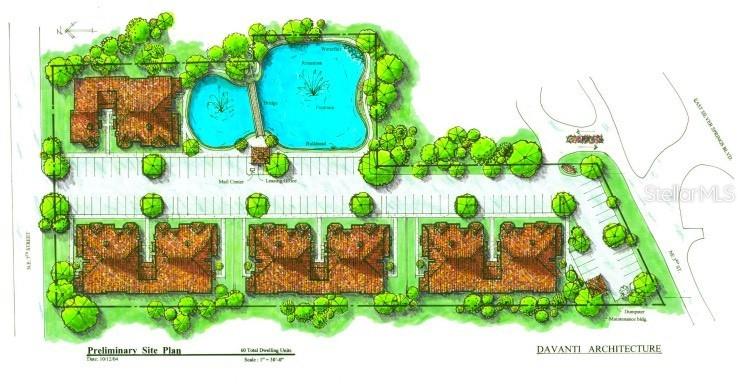 This is a preliminary site plan rendering for a residential development with a central pond — 2917 NE 3RD STREET, OCALA, FL