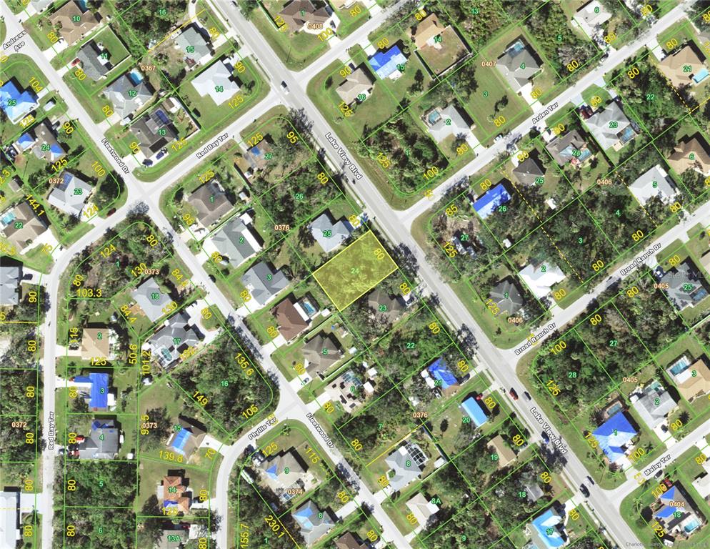 This is an aerial map showing residential lots and streets in a suburban neighborhood — 2203 LAKE VIEW BOULEVARD, PORT CHARLOTTE, FL