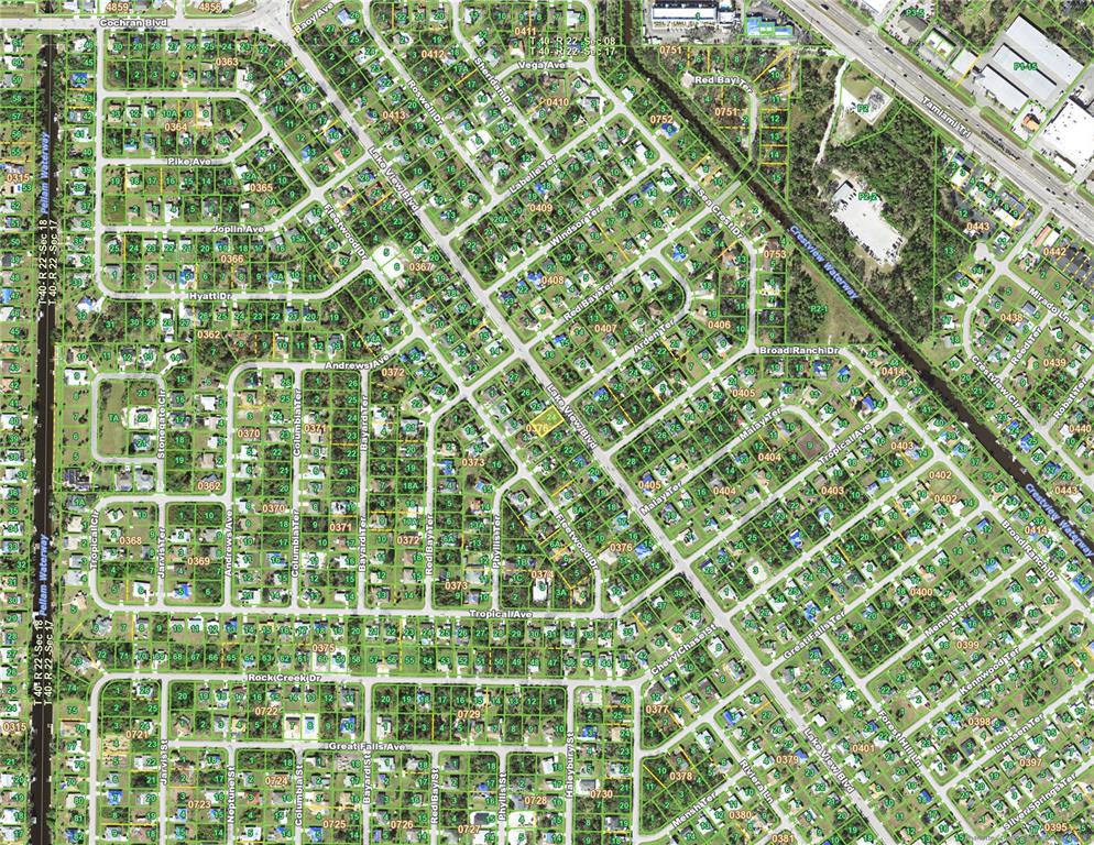 This is an aerial map showing a residential neighborhood with streets and property lot lines — 2203 LAKE VIEW BOULEVARD, PORT CHARLOTTE, FL
