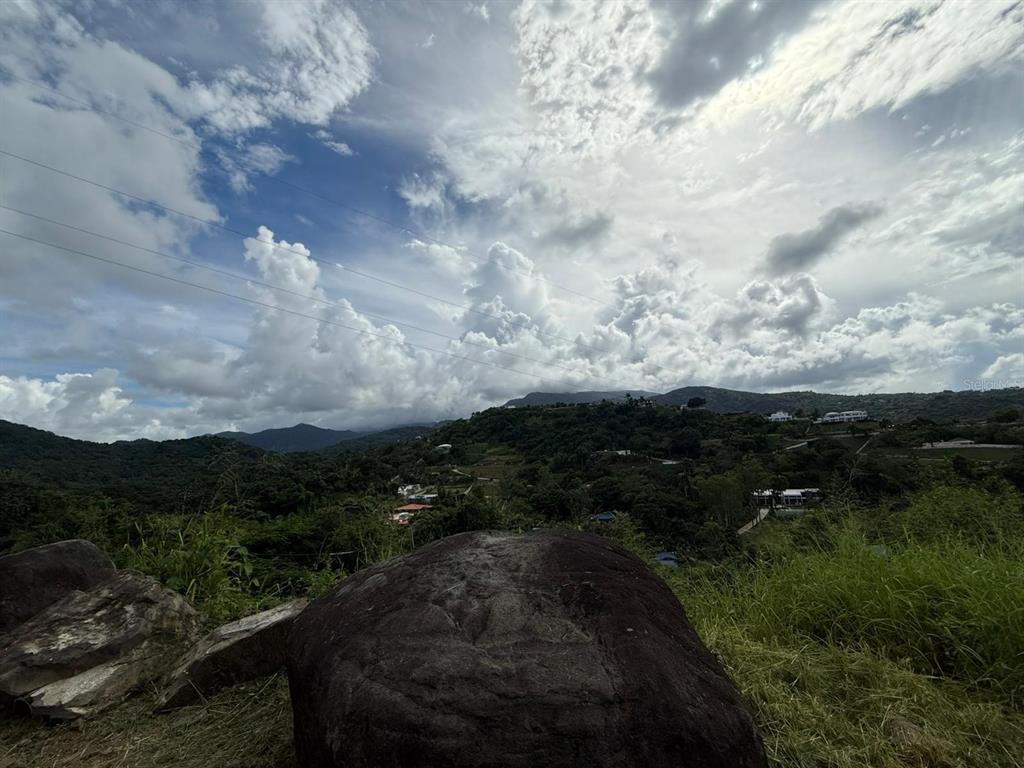A large boulder sits in the foreground overlooking a lush, mountainous landscape under a cloudy sky — 10 RAINFOREST AND SEA VIEW RESORT,, LUQUILLO, PR