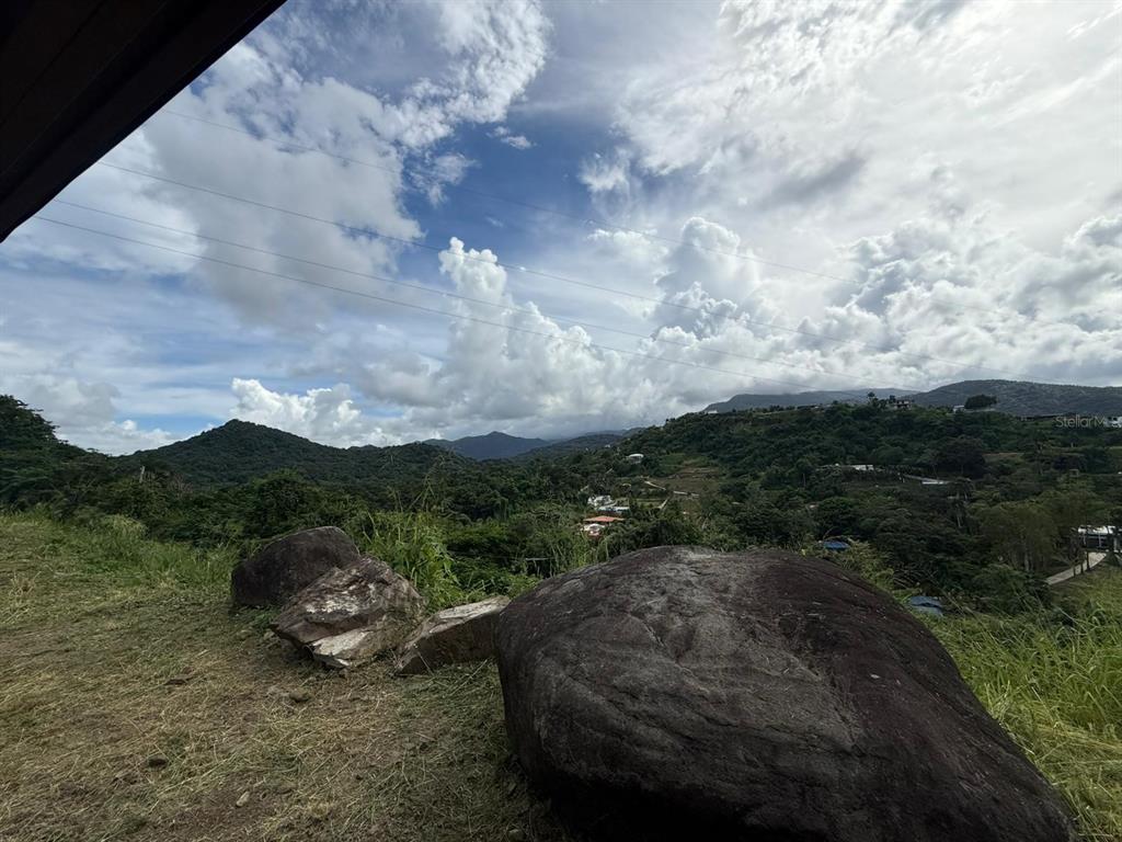 A large boulder sits in the foreground overlooking a lush, mountainous landscape under a cloudy sky — 10 RAINFOREST AND SEA VIEW RESORT,, LUQUILLO, PR