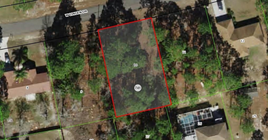 This is an aerial map view of a vacant, wooded residential lot — 2078 W LINDEN DRIVE, CITRUS SPRINGS, FL
