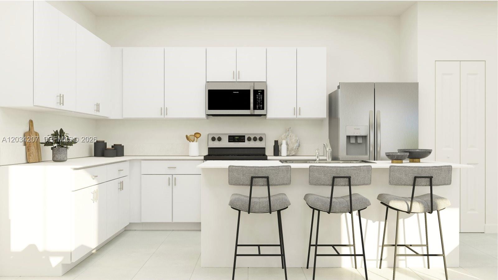 This is a rendering of a modern kitchen with white cabinets and stainless steel appliances — 2743 SE 24 DR, Homestead FL 33035, HOMESTEAD, FL