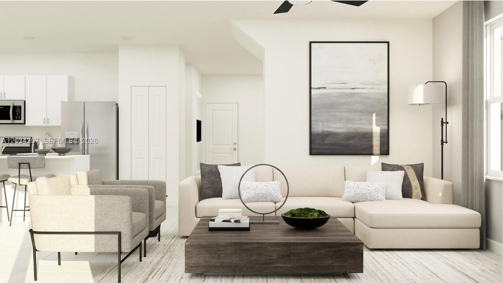 This rendering shows a modern living room with a sectional sofa, armchairs, and coffee table — 2743 SE 24 DR, Homestead FL 33035, HOMESTEAD, FL
