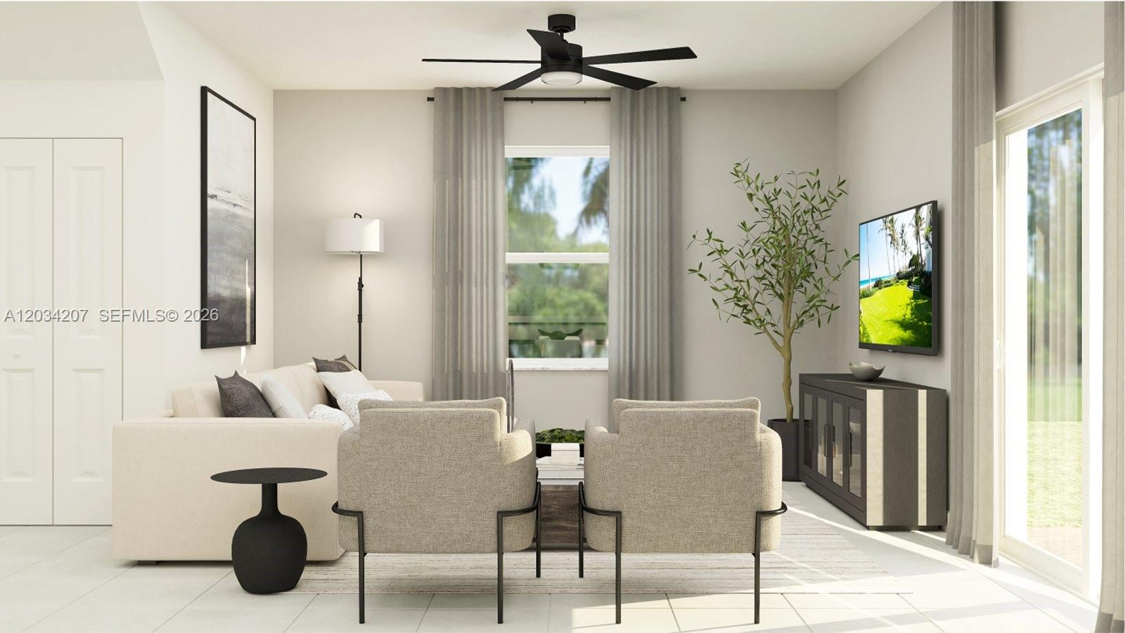 This is a digital rendering of a modern living room with neutral furniture and decor — 2743 SE 24 DR, Homestead FL 33035, HOMESTEAD, FL