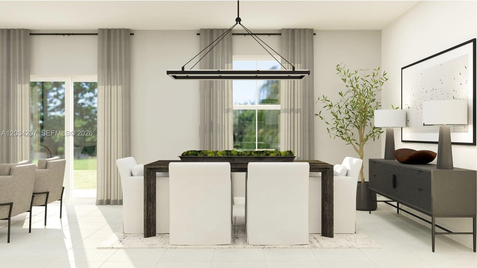 This is a digital rendering of a modern dining room with a dark wood table — 2743 SE 24 DR, Homestead FL 33035, HOMESTEAD, FL