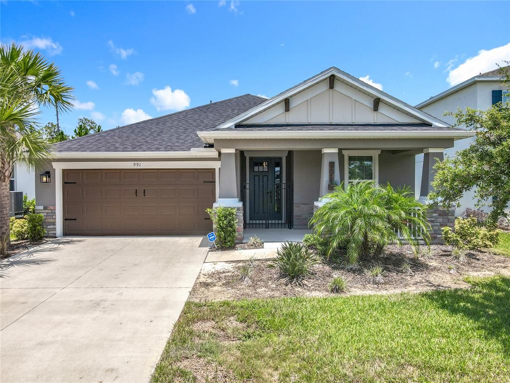 A single-story suburban house with a brown garage door, front porch, and a palm tree — 991 LAKESIDE ESTATES DRIVE, APOPKA, FL