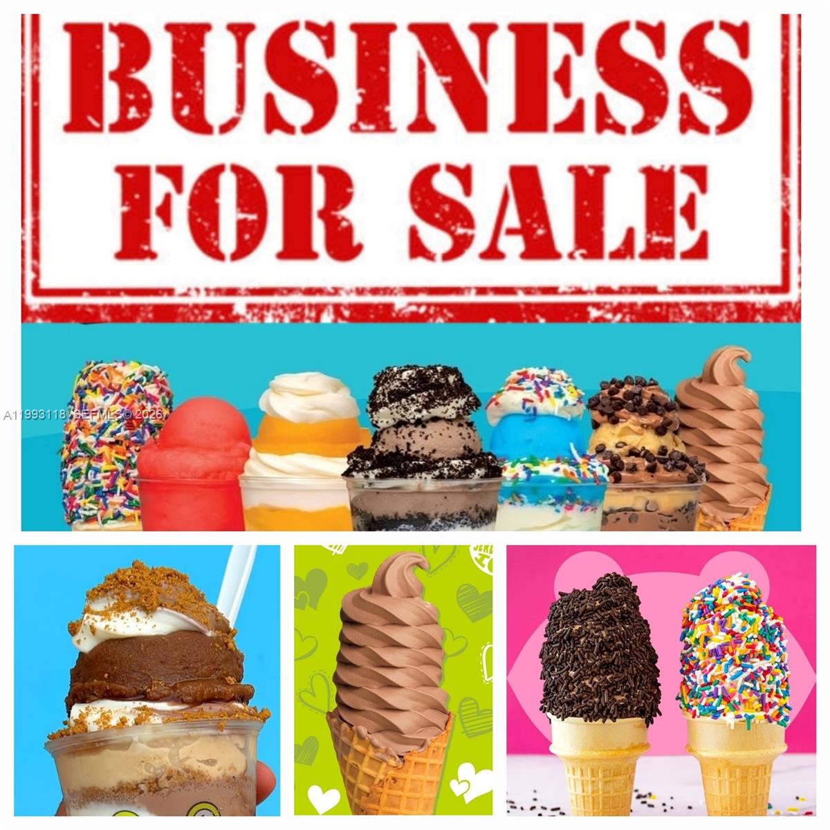 A collage of various ice cream cones and sundaes with a Business for Sale sign — 3650 N Federal Highway, Lighthouse Point FL 33060, LIGHTHOUSE POINT, FL