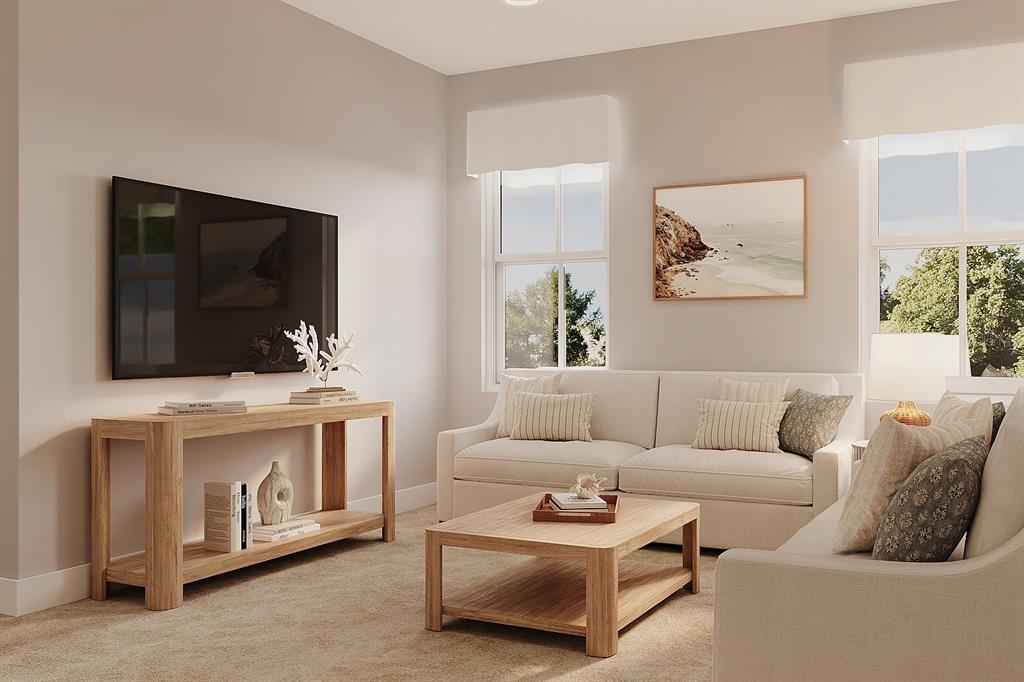 This is a rendering of a living room featuring light wood furniture and neutral decor — 3605 MOCKING BIRD DRIVE, AUBURNDALE, FL