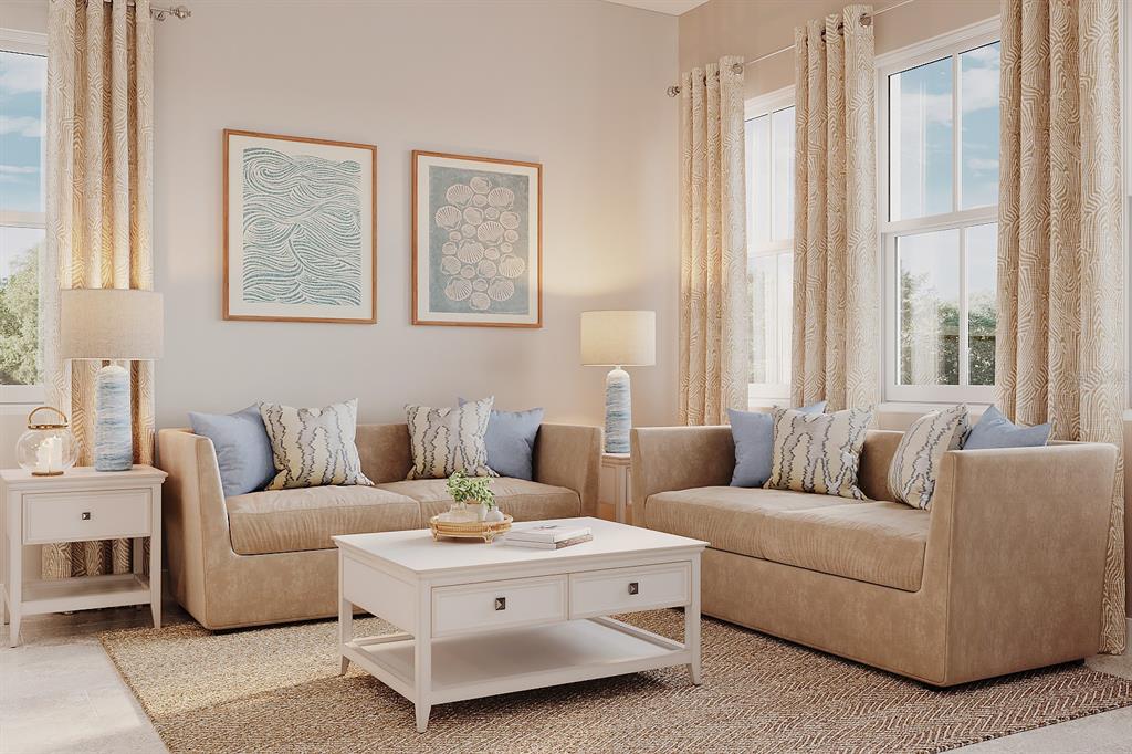 This is a rendering of a living room featuring two beige sofas and a coffee table — 3605 MOCKING BIRD DRIVE, AUBURNDALE, FL