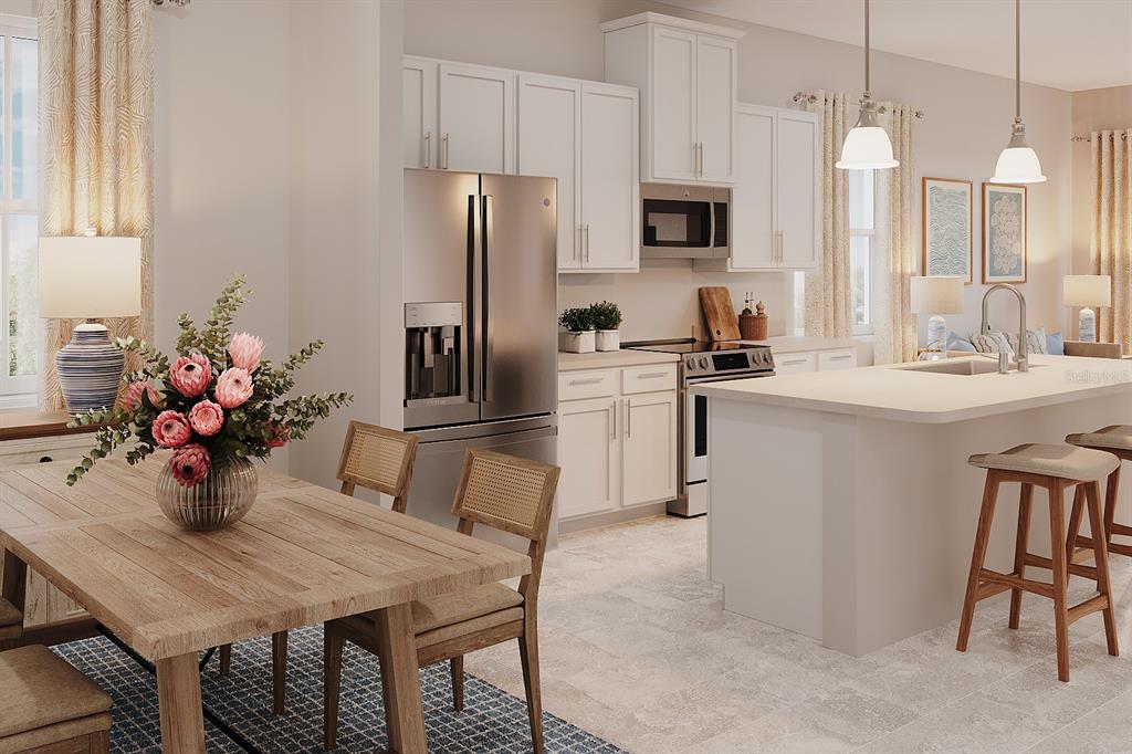 This is a rendering of a kitchen and dining area with white cabinets and island — 3605 MOCKING BIRD DRIVE, AUBURNDALE, FL