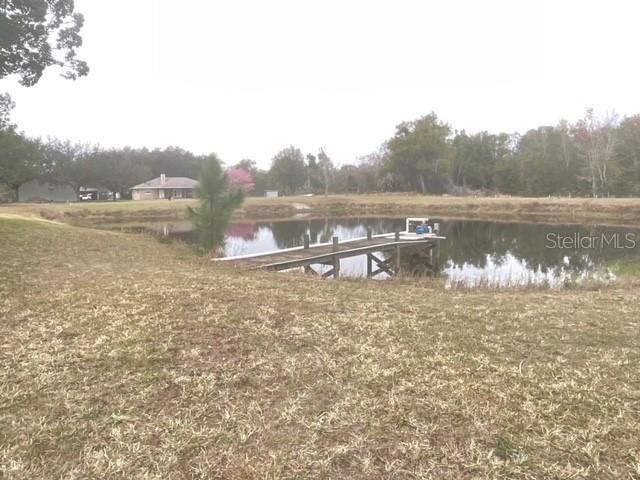 A wooden dock extends into a pond on a grassy property with trees and houses — 32420 COUNTY ROAD 473, LEESBURG, FL
