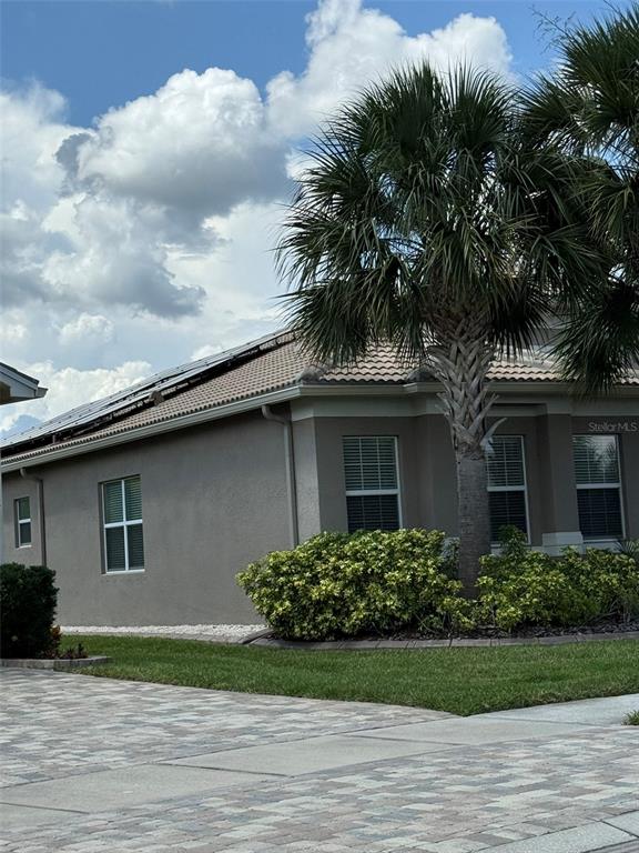 A single-story house with a tiled roof, solar panels, and a palm tree in front — 16015 CAPE CORAL DRIVE, WIMAUMA, FL