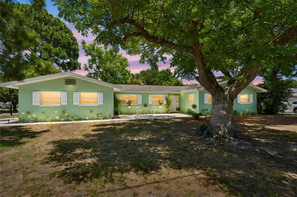 A single-story light green house with a large tree in the front yard — 1357 S EVERGREEN AVENUE, CLEARWATER, FL
