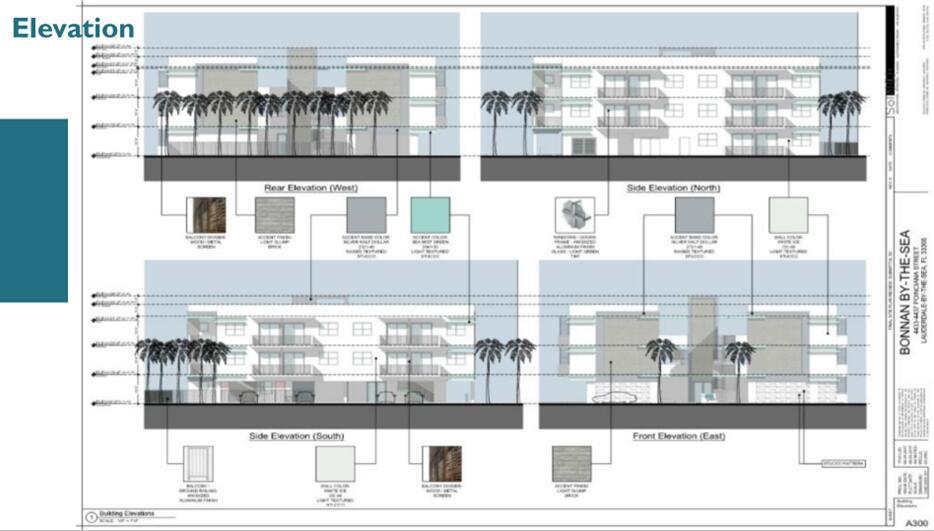 This architectural rendering shows the four exterior elevations of a multi-story residential building — 4433 Poinciana Street, Lauderdale By The Sea FL 33308, LAUDERDALE BY THE SEA, FL