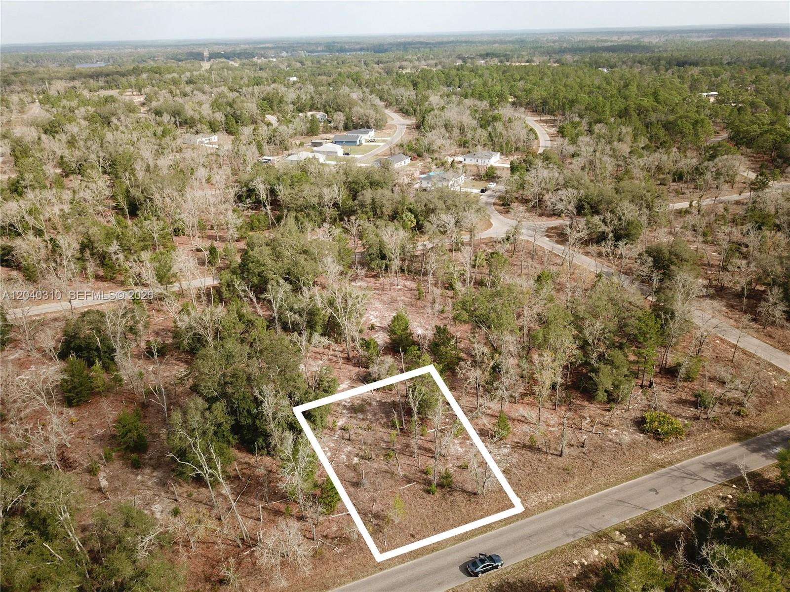 An aerial view shows a rectangular plot of land outlined in white beside a road — Lot Nearby 19 Bay Track Court, Other City - In The State Of Florida FL 32179, OTHER CITY - IN THE STATE OF FLORIDA, FL