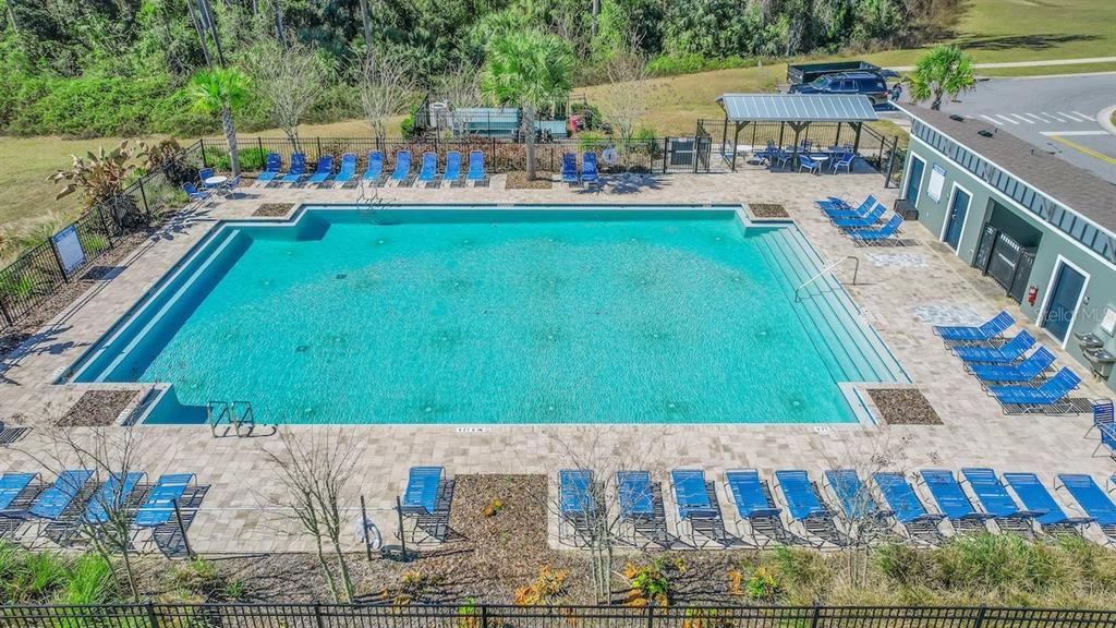 An aerial view of a rectangular swimming pool surrounded by lounge chairs and a covered patio — 30112 ARMENIA ROAD, LEESBURG, FL