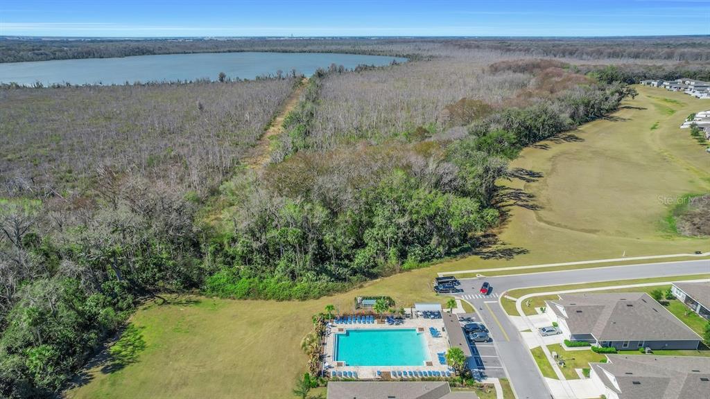 An aerial view shows a community swimming pool next to a large wooded area and lake — 30112 ARMENIA ROAD, LEESBURG, FL