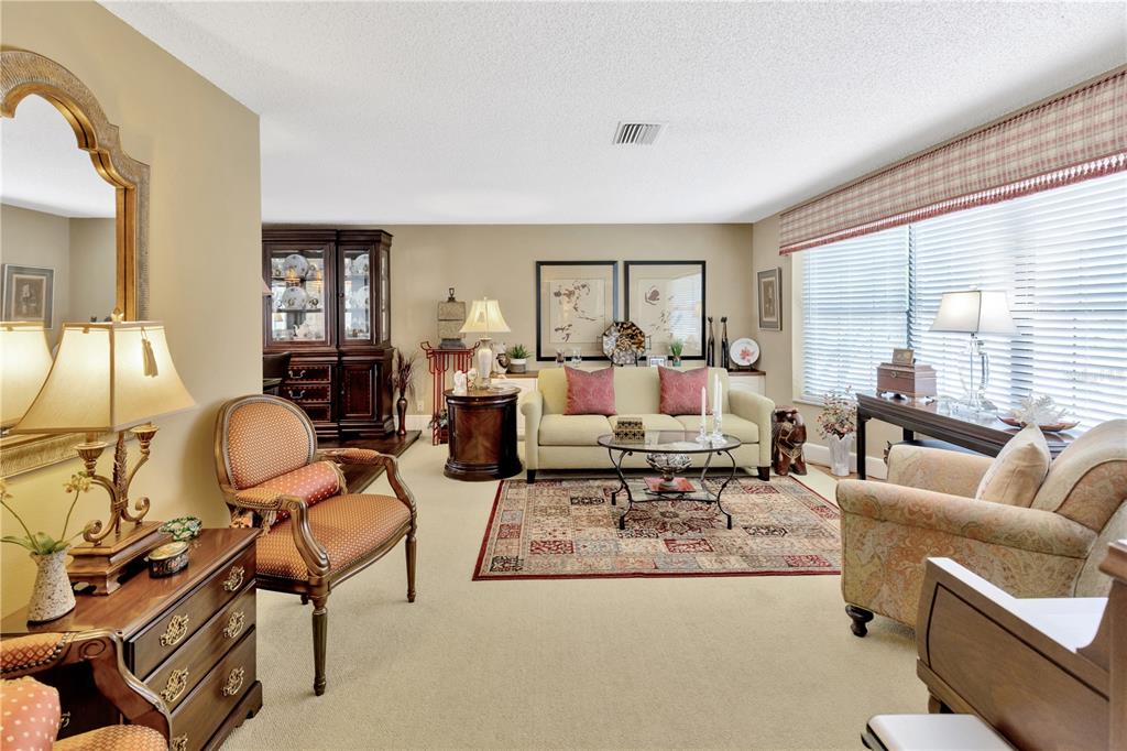 A formal living room features beige carpeting, a patterned area rug, and traditional wooden furniture — 4909 S ELBERON STREET, TAMPA, FL