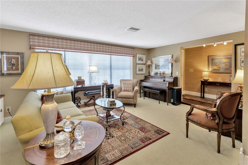 A living room features a piano, patterned area rug, seating furniture, and a window with blinds — 4909 S ELBERON STREET, TAMPA, FL