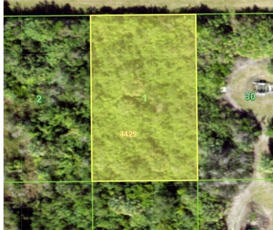 An aerial view shows a rectangular, grass-covered lot outlined in yellow within a wooded area — 15753 HENNIPEN CIRCLE, PORT CHARLOTTE, FL