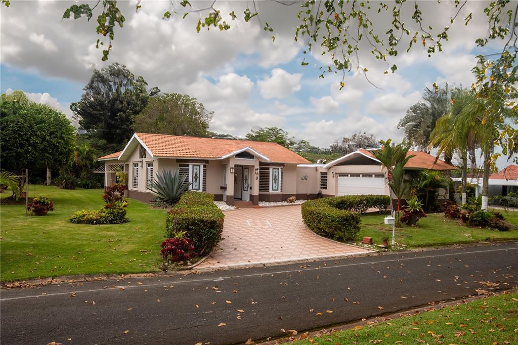 A single-story house with a terracotta tile roof and a paved driveway sits on grass — FINQUITAS DEL MONTE, CIDRA, PR