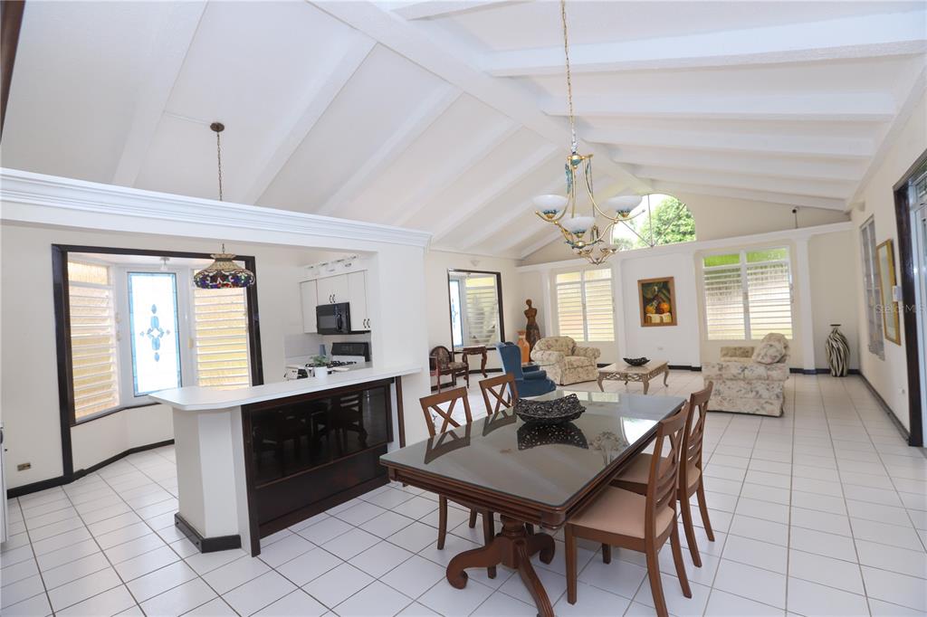 A dining area with a glass-topped table and a kitchen with a breakfast bar — FINQUITAS DEL MONTE, CIDRA, PR