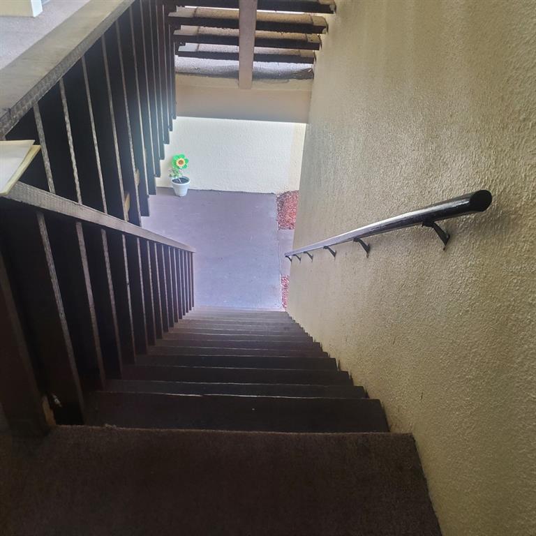 A view looking down a carpeted outdoor staircase with a wooden railing and handrail — 3525 E FORT KING STREET UNIT 244, OCALA, FL