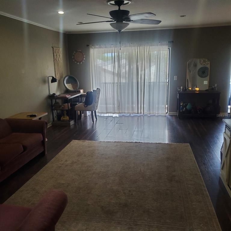 A living room features dark wood flooring, a large area rug, and sliding glass doors — 3525 E FORT KING STREET UNIT 244, OCALA, FL