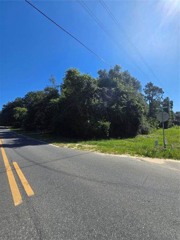 A paved road curves past a dense, wooded lot with a street sign — 600 DAWN AVENUE, INTERLACHEN, FL
