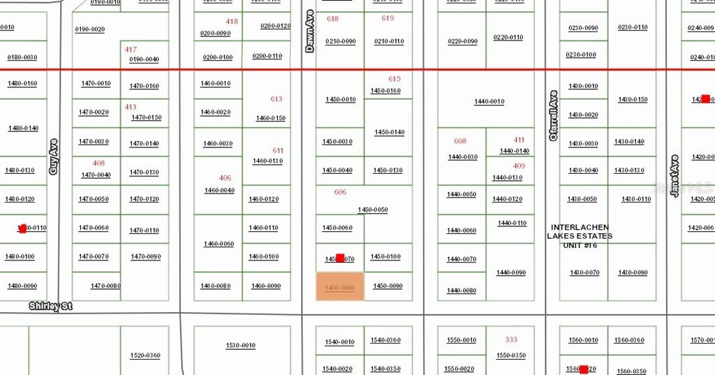 This is a land parcel map showing property boundaries and lot numbers in a residential area — 600 DAWN AVENUE, INTERLACHEN, FL