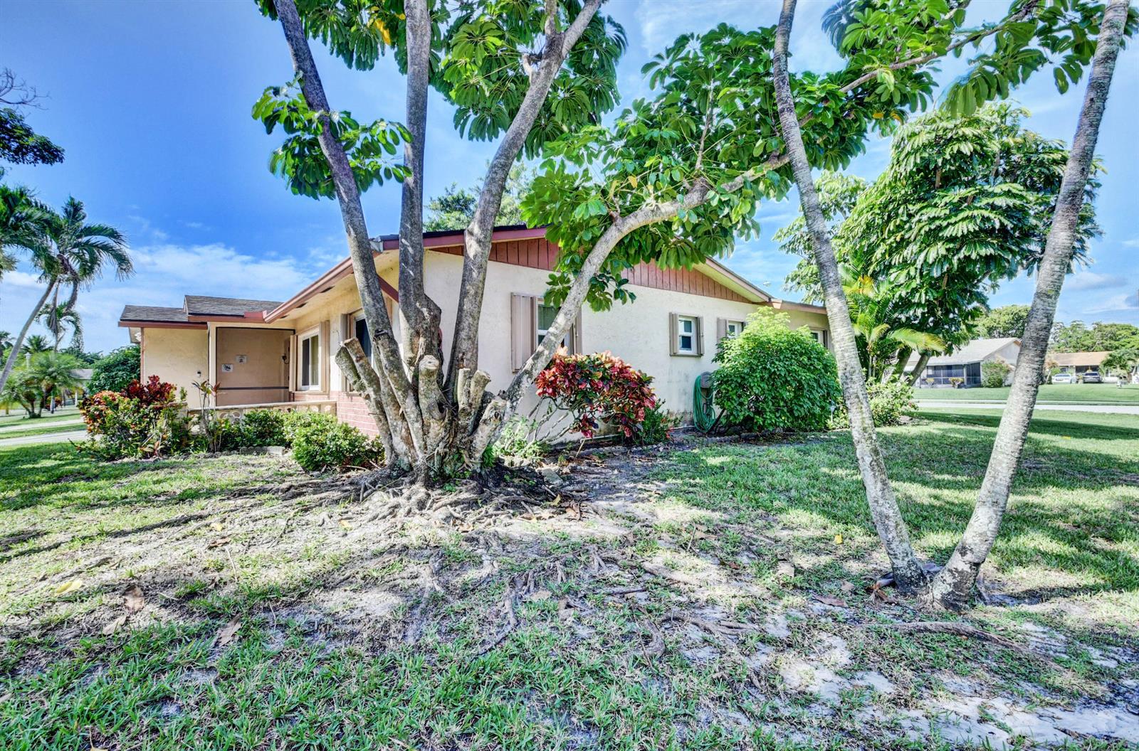 A single-story house with a light-colored exterior, a brown roof, and several large trees — 14425 Amapola Way, Delray Beach FL 33484, DELRAY BEACH, FL