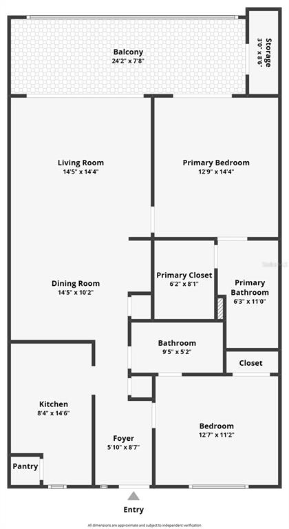 This floor plan shows a two-bedroom apartment with a balcony, kitchen, and two bathrooms — 452 BOUCHELLE DRIVE UNIT 204, NEW SMYRNA BEACH, FL