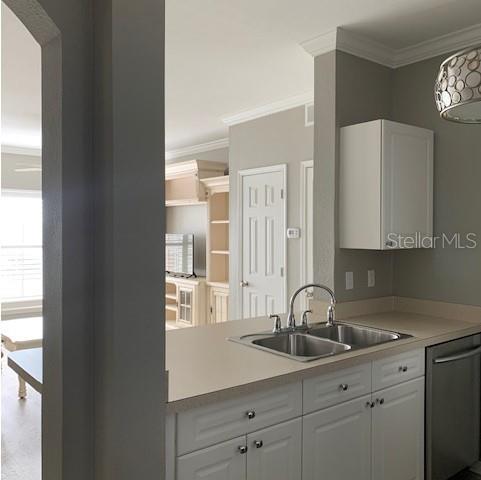 A kitchen sink and counter overlook a living area with a white door and shelving — 1216 S MISSOURI AVENUE UNIT 323, CLEARWATER, FL