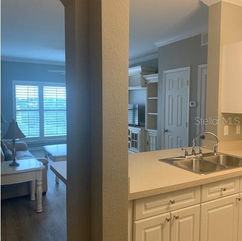 A kitchen with white cabinets and a sink overlooks a living area with large windows — 1216 S MISSOURI AVENUE UNIT 323, CLEARWATER, FL